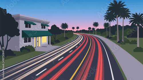 Pixel art of a winding road at dusk with car light trails, a building, and palm trees under a colorful sky