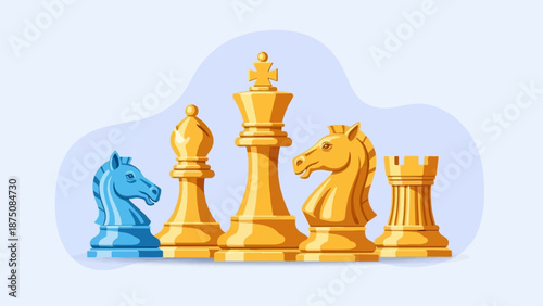 Illustration of various chess pieces including a blue knight and several gold pieces on a light background