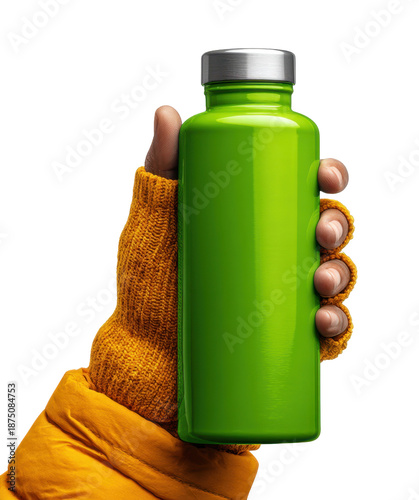 Traveler with green water bottle in outdoor adventure nature scene vibrant environment