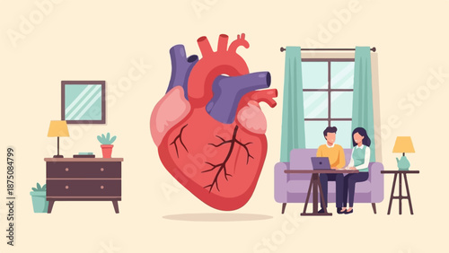Illustration showing a large anatomical heart floating centrally, with a couple using a laptop on a sofa