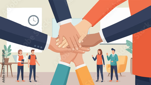 Illustrative image showing multiple hands stacked, representing teamwork and collaboration among diverse people