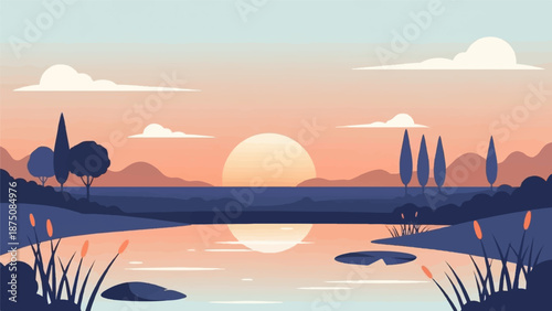 Pixel art sunset over a tranquil lake with silhouetted trees, mountains, and water plants