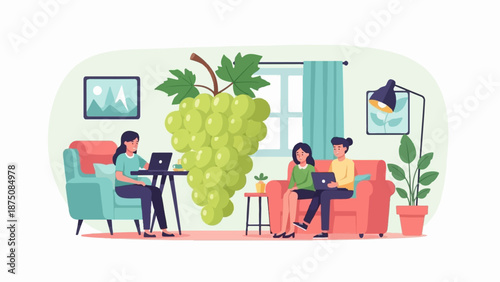 Three people work on laptops in a cozy living room with a massive bunch of green grapes nearby