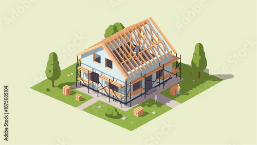 Isometric illustration of a house under construction with roof rafters, scaffolding, and workers