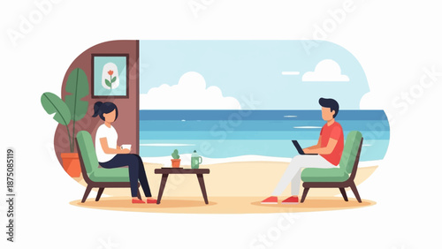 Two people relax in chairs, one working on a laptop, overlooking a serene beach and ocean vista