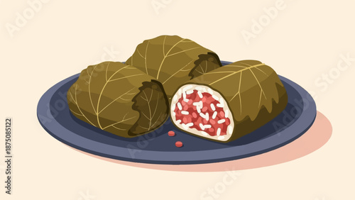 Three stylized leaf-wrapped food parcels on a dark plate, one cut open to show red and white filling