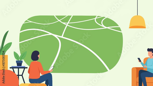 Two people relax indoors, one views a large abstract green screen, the other uses a phone