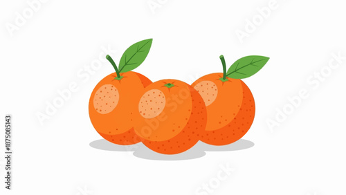 Three stylized oranges with green leaves, speckled texture, and light circular patches on white background
