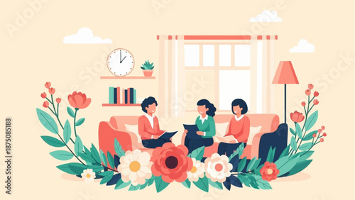 Three women sit on a sofa in a cozy room, discussing, surrounded by vibrant flowers and leaves