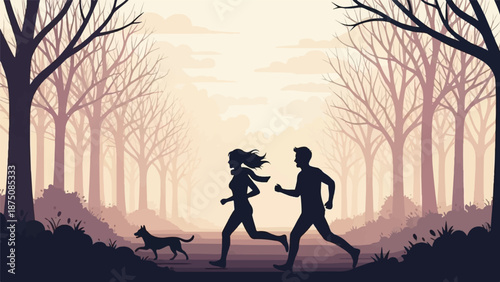 Silhouetted couple and dog jogging through a mystical, misty forest with bare trees at dawn or dusk