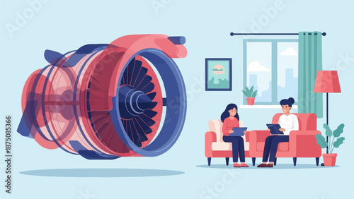 Transparent jet engine illustration next to two individuals working on tablets in a cozy room setting