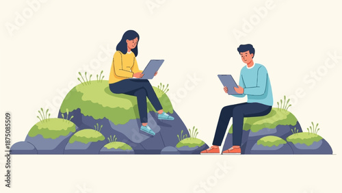 Two people sit on mossy rocks outdoors, engaged with their tablets in a stylized illustration