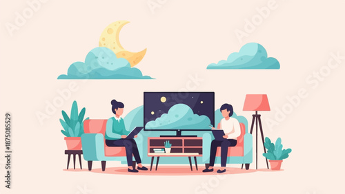 Two people sit on a couch using tablets, watching a moon and cloud scene on TV, with plants and a lamp