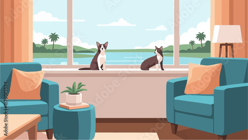 Two cats sit on a windowsill, looking out at a lake with palm trees, in a cozy living room
