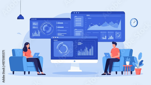 Two people use laptops surrounded by screens displaying data visualizations and charts in a modern setting