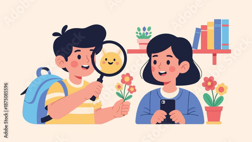 Two children, one exploring a flower with a magnifying glass, the other holding a phone, studying nature