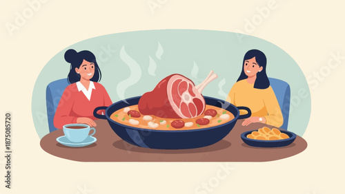 Two women seated at a table, enjoying a large pot of stew with a meat shank and sides