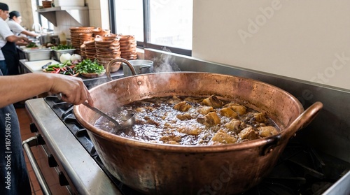 Traditional Carnitas cooking in a large copper pot in a restaurant kitchen