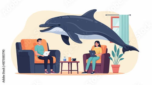 Two people work on laptops in armchairs indoors, a huge smiling dolphin floats above them in a whimsical scene
