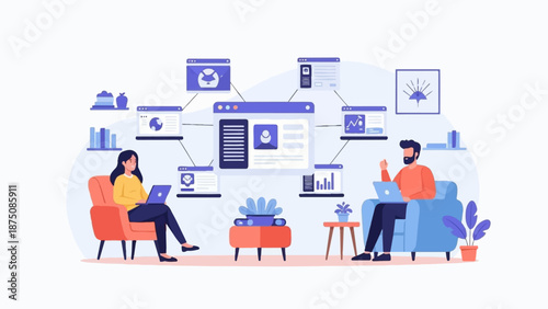 Two people work remotely on laptops, surrounded by a network of interconnected web interfaces and data visuals