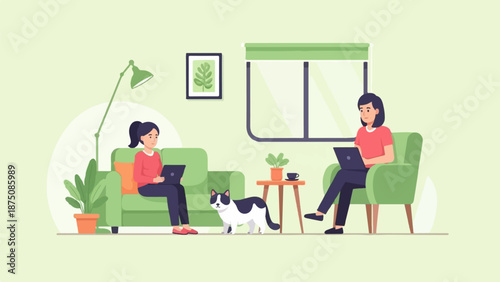 Two women working on laptops in a comfortable, bright green room with a cat and houseplants