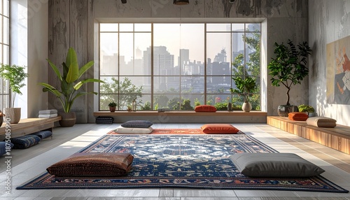Serene loft interior with meditation cushions and plants bathed in natural light