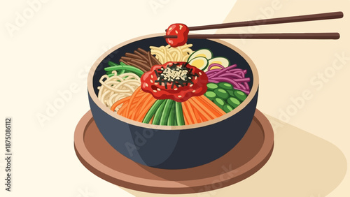 Vibrant bowl of colorful mixed ingredients, including vegetables, noodles, and sauce, with chopsticks