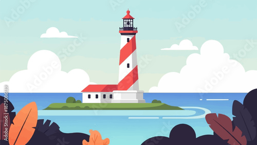 Vibrant flat illustration of a red and white striped lighthouse on a small island surrounded by blue water and lush foliage