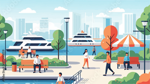 Vibrant flat illustration of people relaxing and walking in a sunny park with boats and city skyline