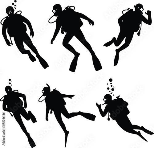 Vector silhouette collection of scuba divers swimming underwater with oxygen tanks and fins for marine exploration, diving school, and adventure.