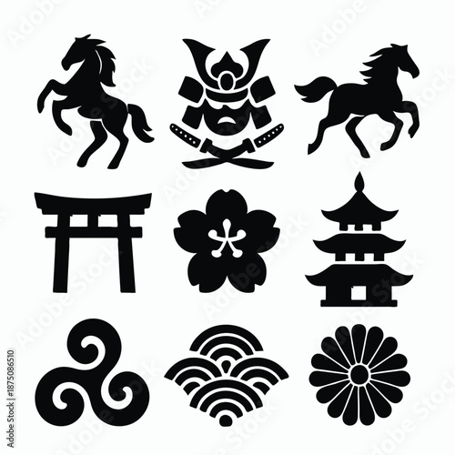 Print  Japanese Culture Black Silhouette Icon Set with Samurai, Horses and Traditional Architecture