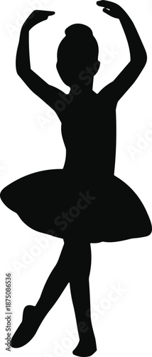 Black silhouette of a graceful ballerina performing a dance pose in a tutu for ballet school logos, posters, and performances.