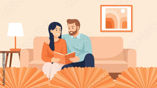 A cheerful couple reads a book together on a living room couch, surrounded by warm decor