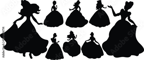 Vector silhouette collection of elegant princess characters in ball gowns for fairy tale illustrations, wedding designs, and magical party decorations. (22 words)