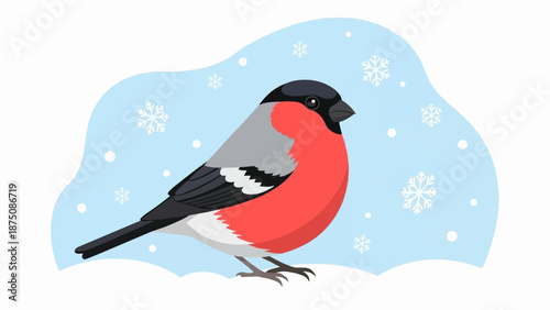 A colorful bird with a red chest, gray back, and black head stands in snow with falling snowflakes