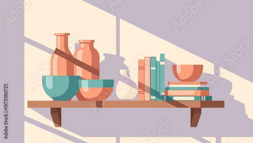 A colorful illustration of a wooden shelf adorned with books, ceramic bowls, and vases, bathed in sunlight