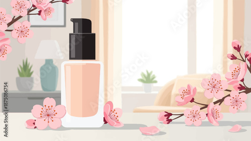 A cosmetic pump bottle amidst blooming pink cherry blossoms and petals, in a sunlit room scene