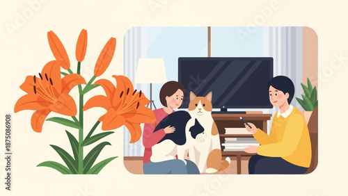 A couple relaxes on the floor with their cat and dog in a living room, with lilies nearby
