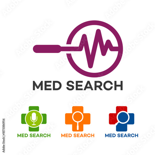 Medical Search Logo with Heartbeat and Cross Symbols.