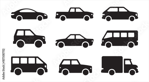Car and truck transportation symbols set in flat black design