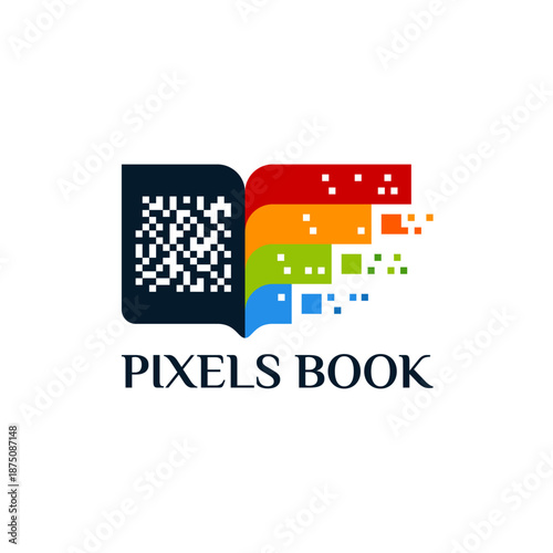 Pixels Book Logo Design with QR Code and Colorful Pixels.