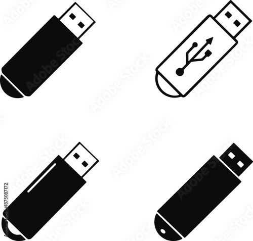 Black and white vector illustration of various USB flash drive icons isolated on white background for data storage technology concepts