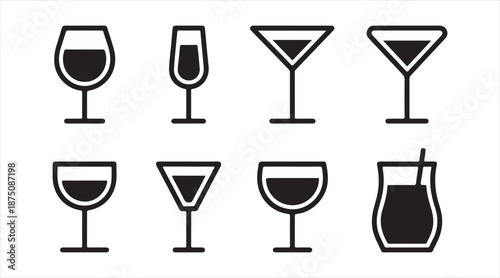 Beverage and cocktail glass silhouette icon collection