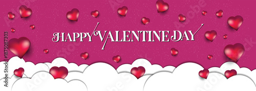 Happy Valentine day greetings poster or flyer with heart shaped or love symbol and white cloud, can be used in business promotion or love gratings card, vector illustration work