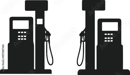 Black gas station pump silhouette, fuel dispenser icon, petrol station sign, automotive refueling industry, petroleum energy concept, minimalist vector illustration