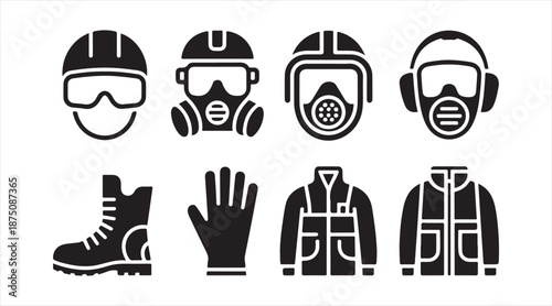 Workplace PPE gear and protection symbols set isolated on white