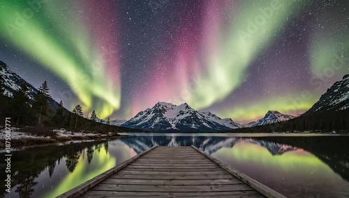 Northern Lights over Snowy Mountain Lake Dock