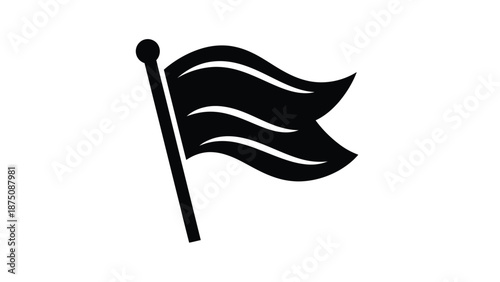 a black flag waving on a pole with a round finial
