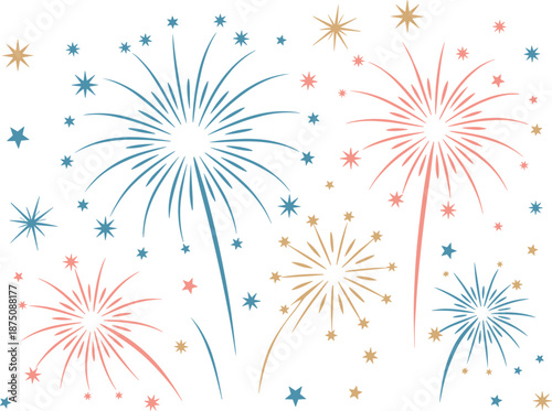 Hand drawn colorful fireworks and stars background, festive celebration pyrotechnics display vector flat illustration set