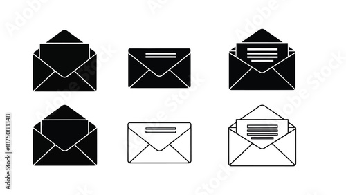 six different envelope icons in black and white line art